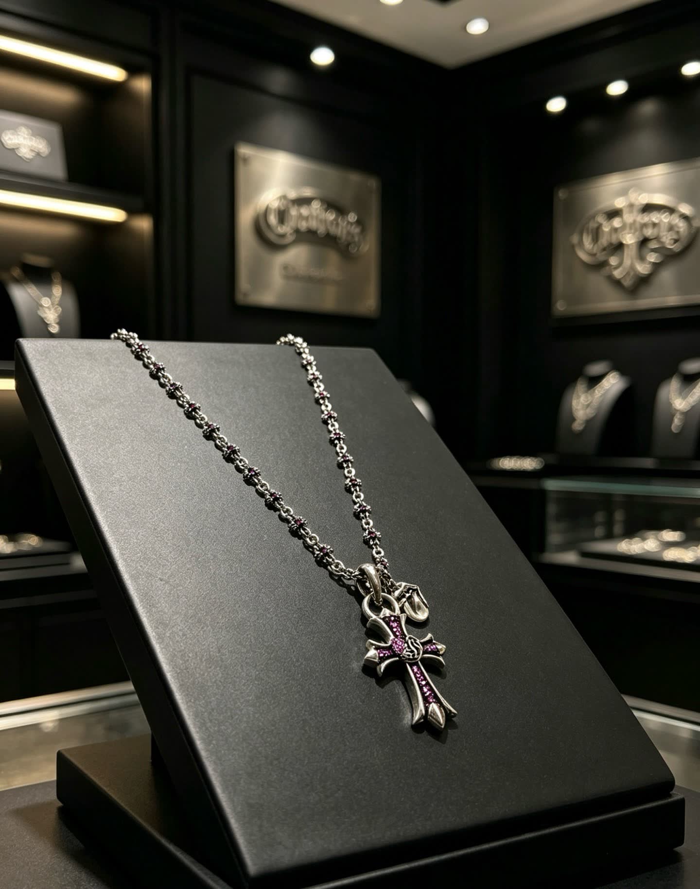 Chrome Hearts Black Cross Necklace with Pink Stones